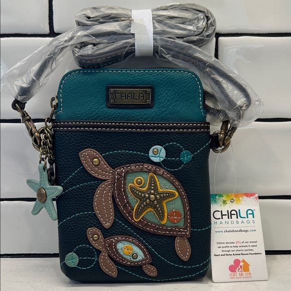 Chala Teal and Navy Sea Turtle Charms Vegan Convertible Crossbody Bag NWT - Picture 7 of 16